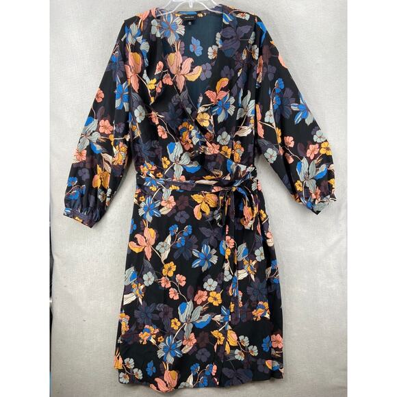 Who What Wear Dress 3X Wrap Blue Floral Ruffle Long Sleeve Midi Waist Tie Career - Picture 1 of 13